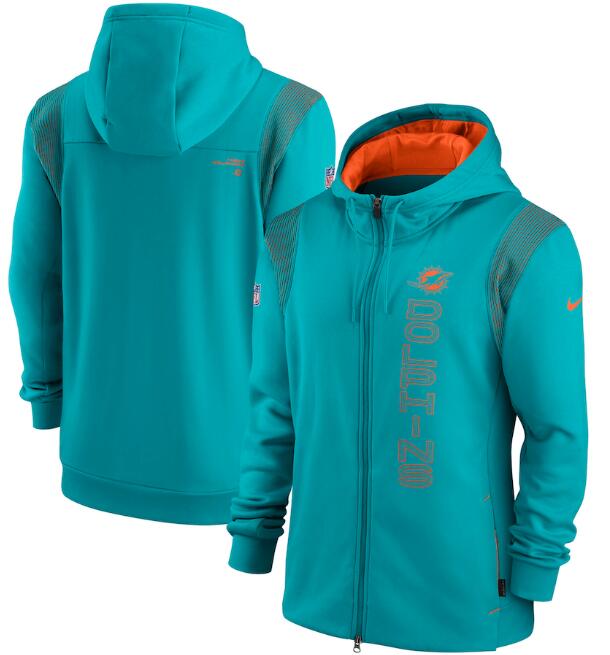 Men's Miami Dolphins 2021 Aqua Sideline Team Performance Full-Zip Hoodie